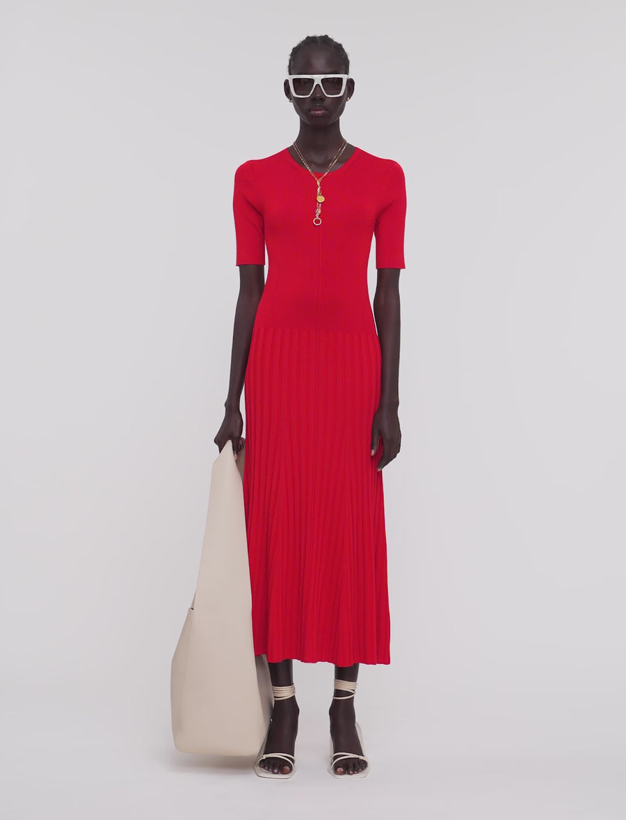 Satiny Rib Knitted Dress - Crimson