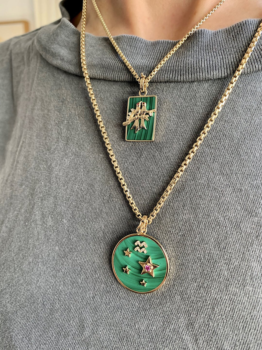 Small Malachite Lovebirds Necklace on 18” Chain