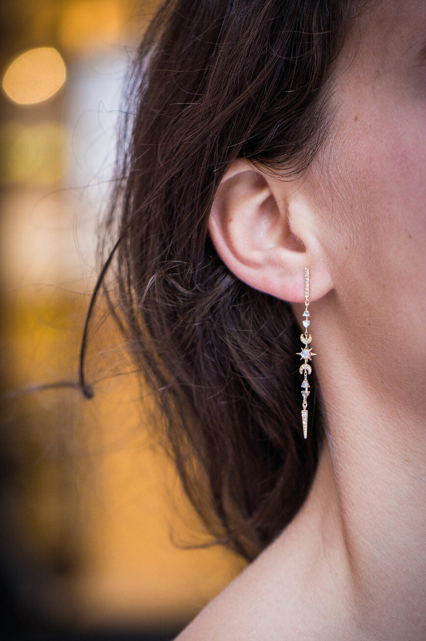 Moonstones & Diamonds Long Stellar Earrings (Pair)