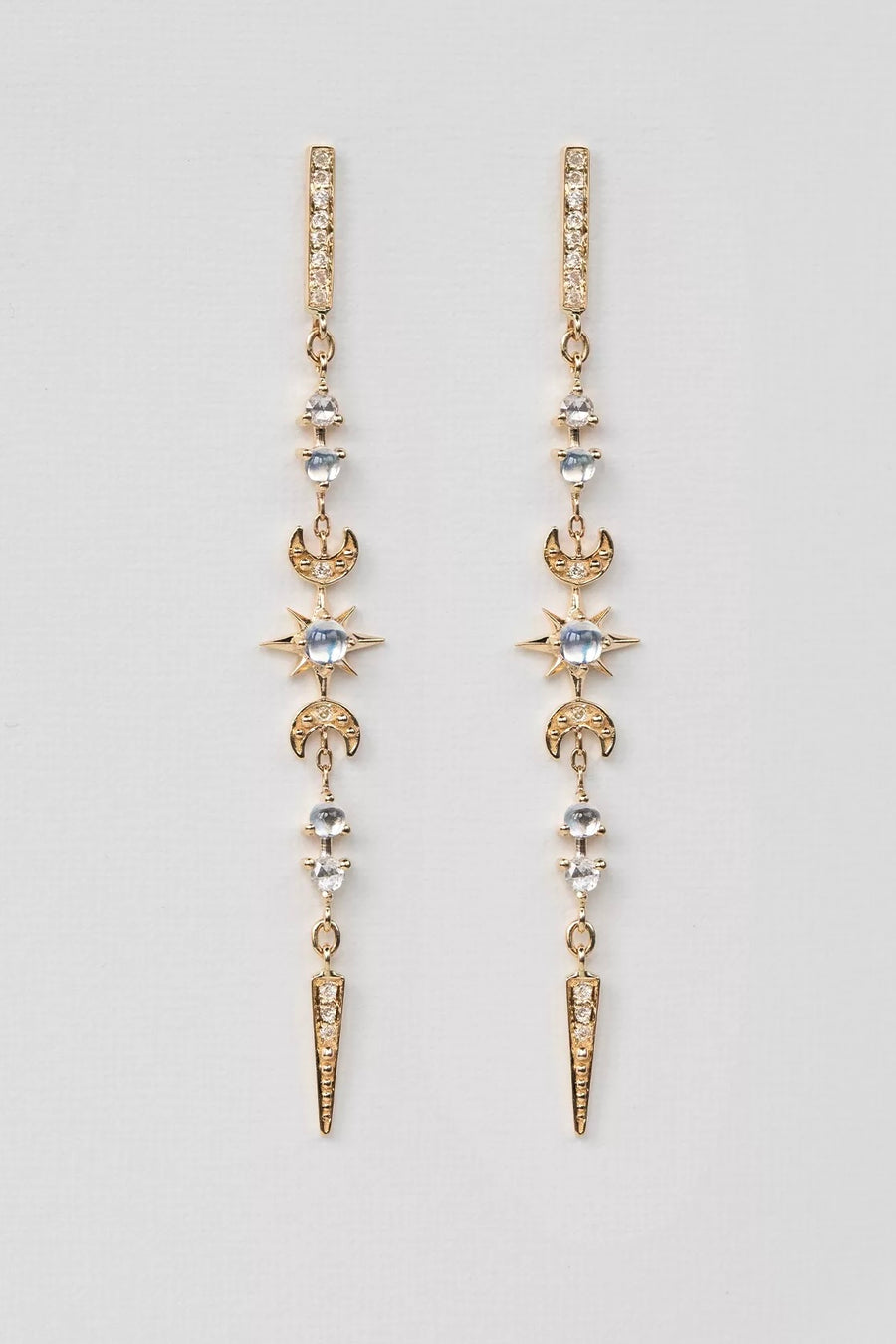 Moonstones & Diamonds Long Stellar Earrings (Pair)