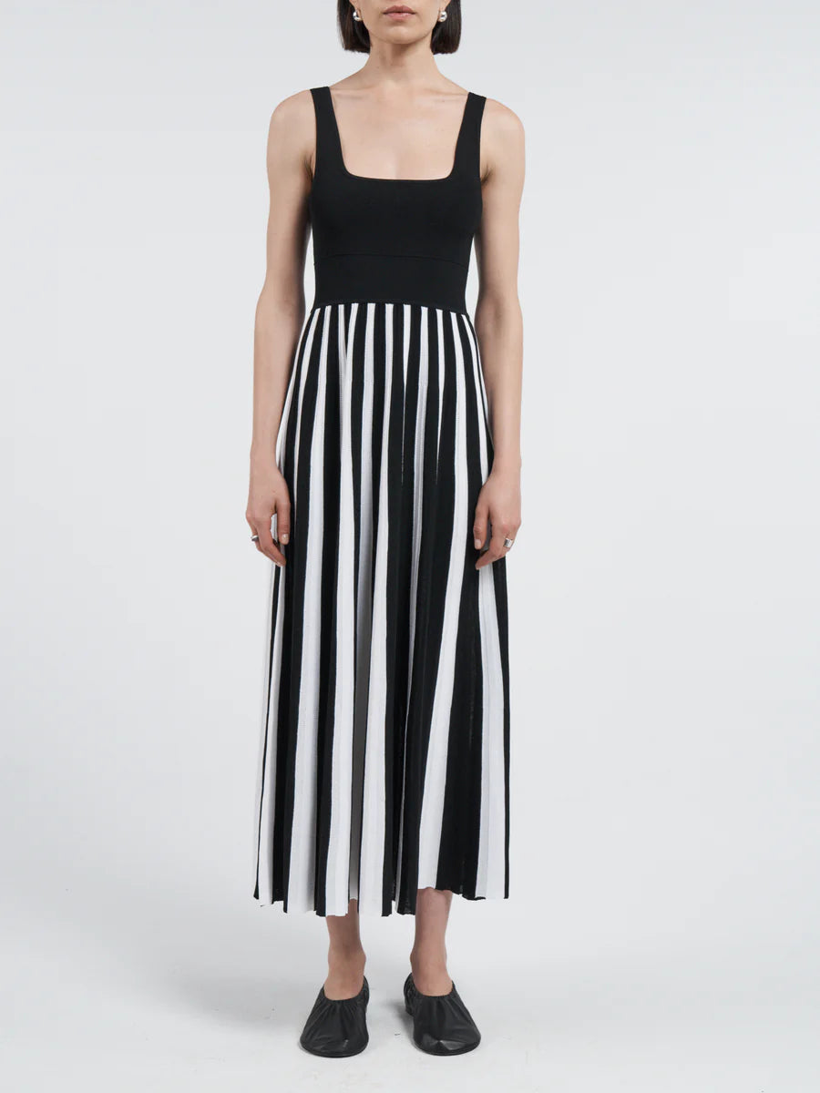 Square Neck Mesh Dress - Black Stripe