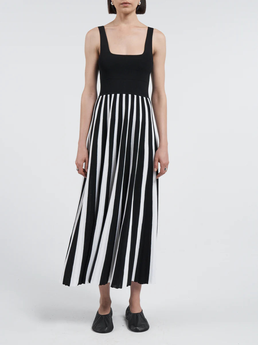 Square Neck Mesh Dress - Black Stripe