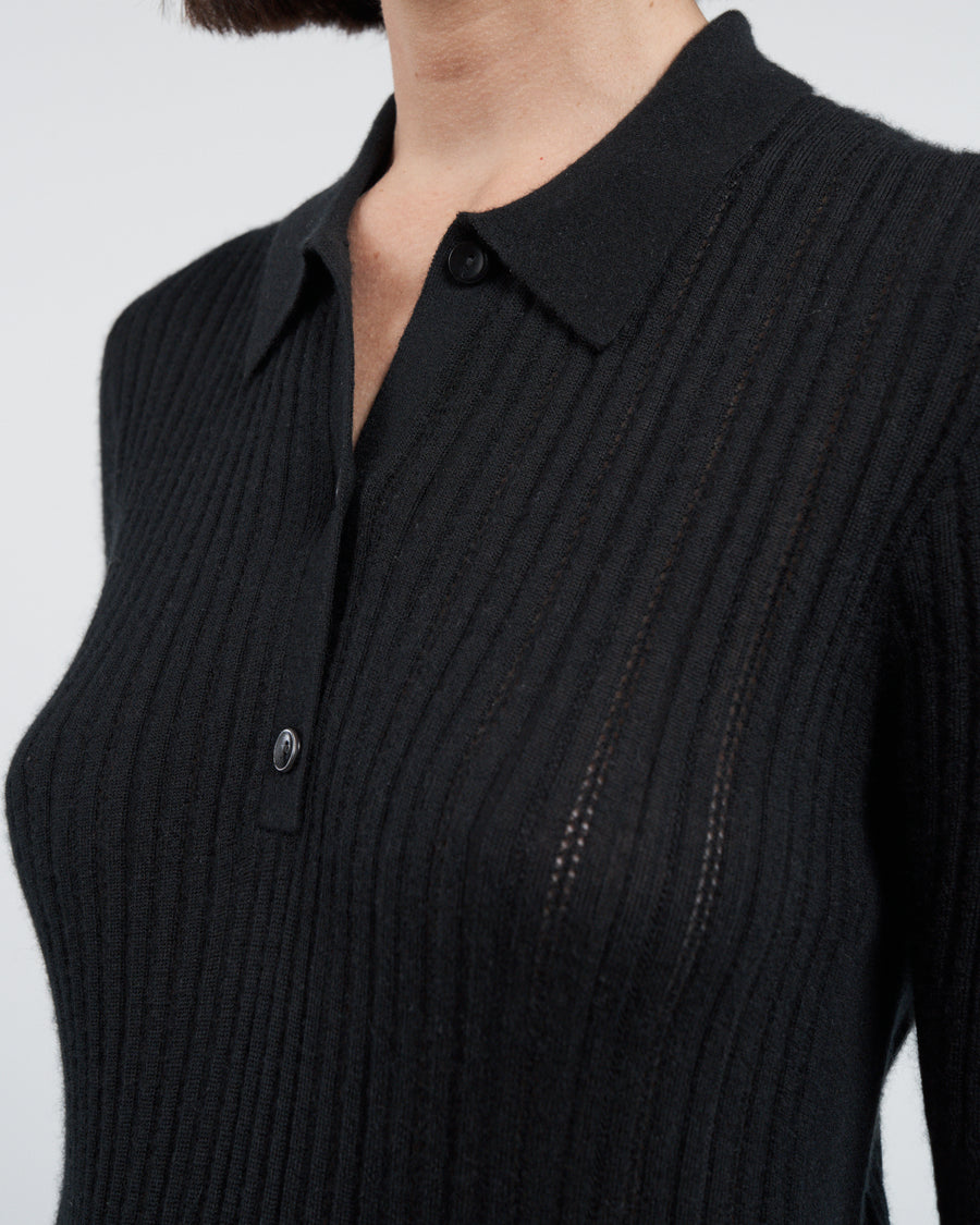 Pointelle Shrunken V Polo - Black