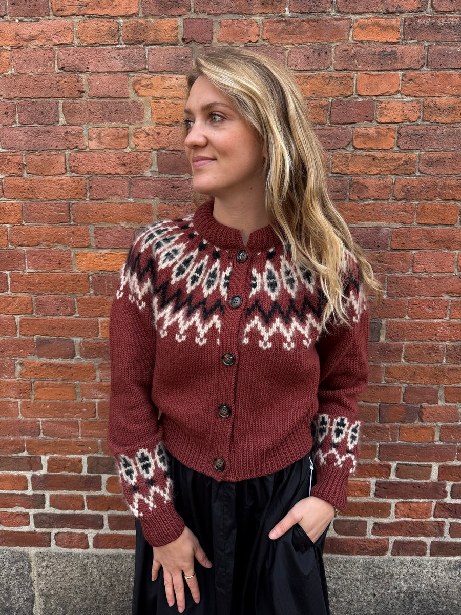 Clarke Cardigan - Burgundy Fair Isle (By Phone Order Only)