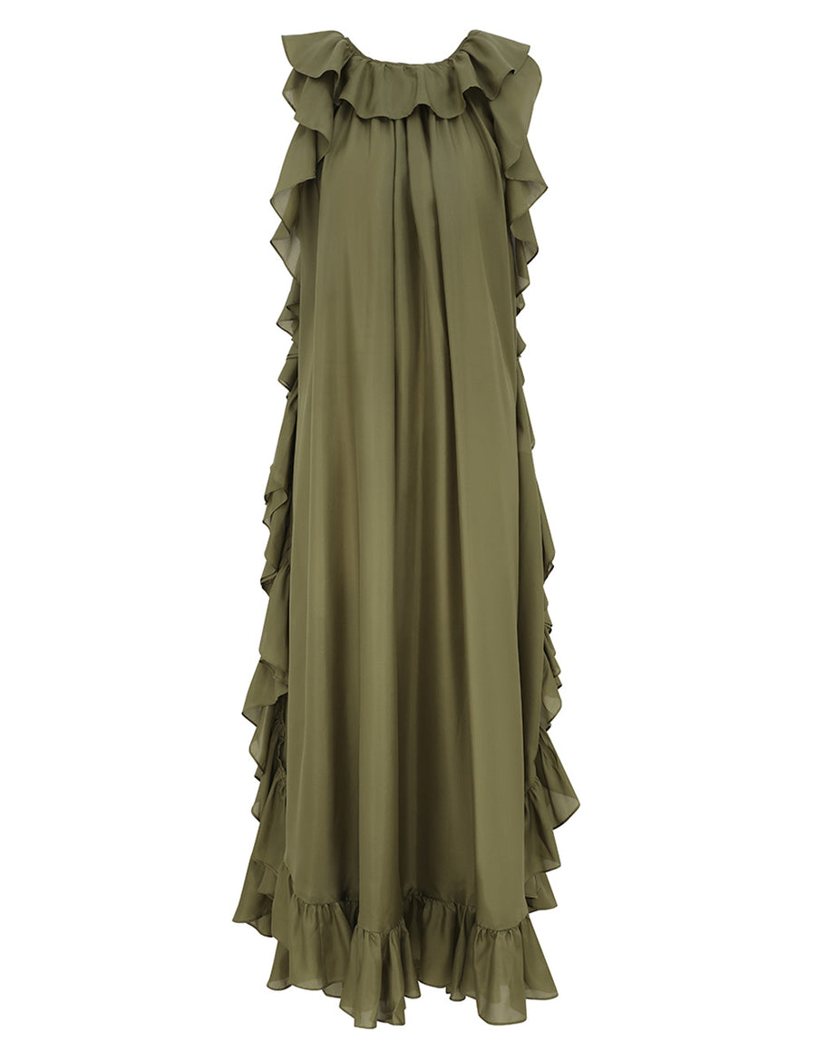 Cascadian Ruffle Midi Dress - Olive