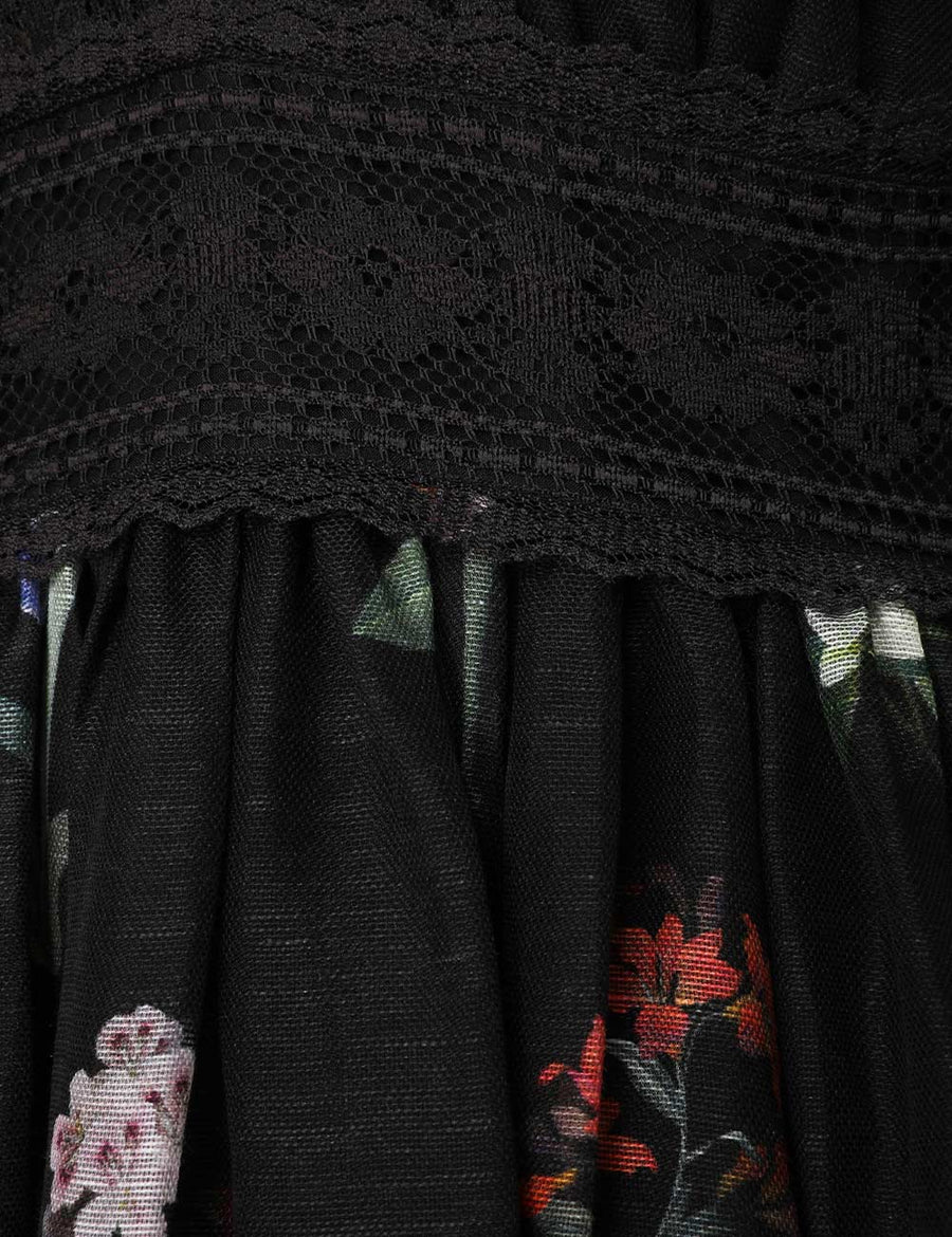 Natura V Neck Lace Midi Dress - Multi Botanical Black