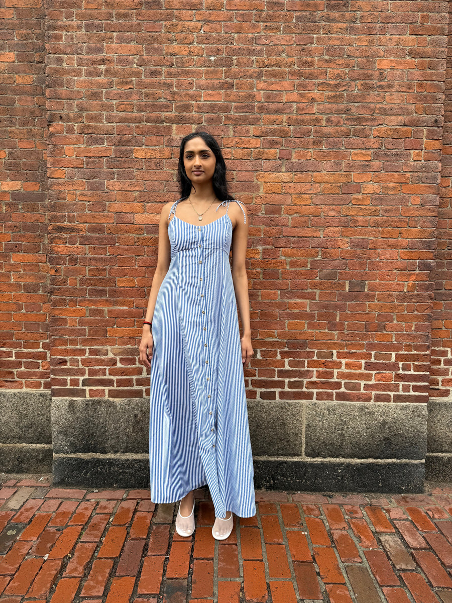 High Garden Maxi Dress - Cotton Poplin - Blue Stripe