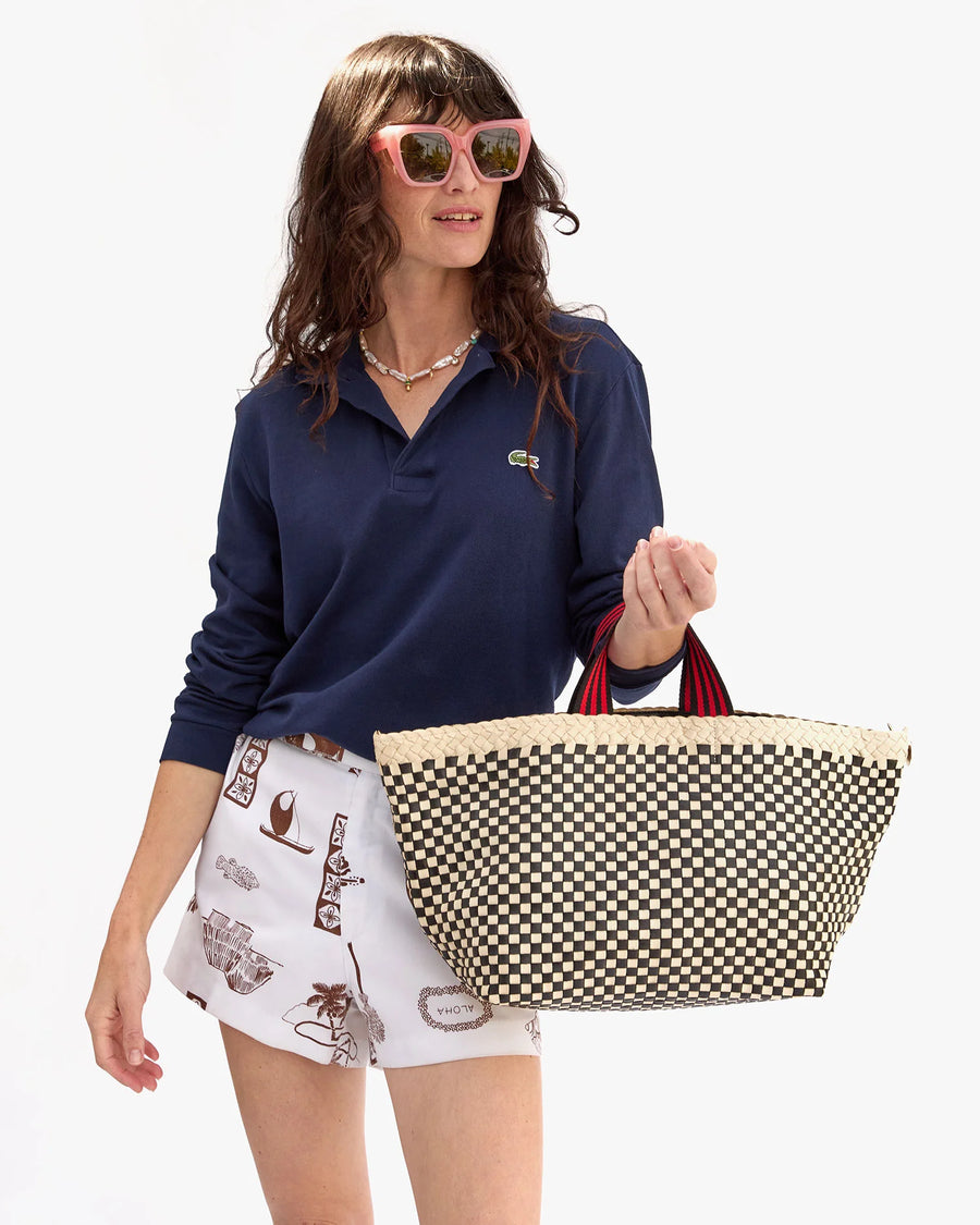 Bateau Tote - Cream & Black Border Woven Checker