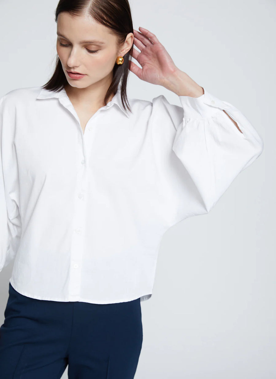 Sandman Poplin Dolman Puff Sleeve Shirt - White