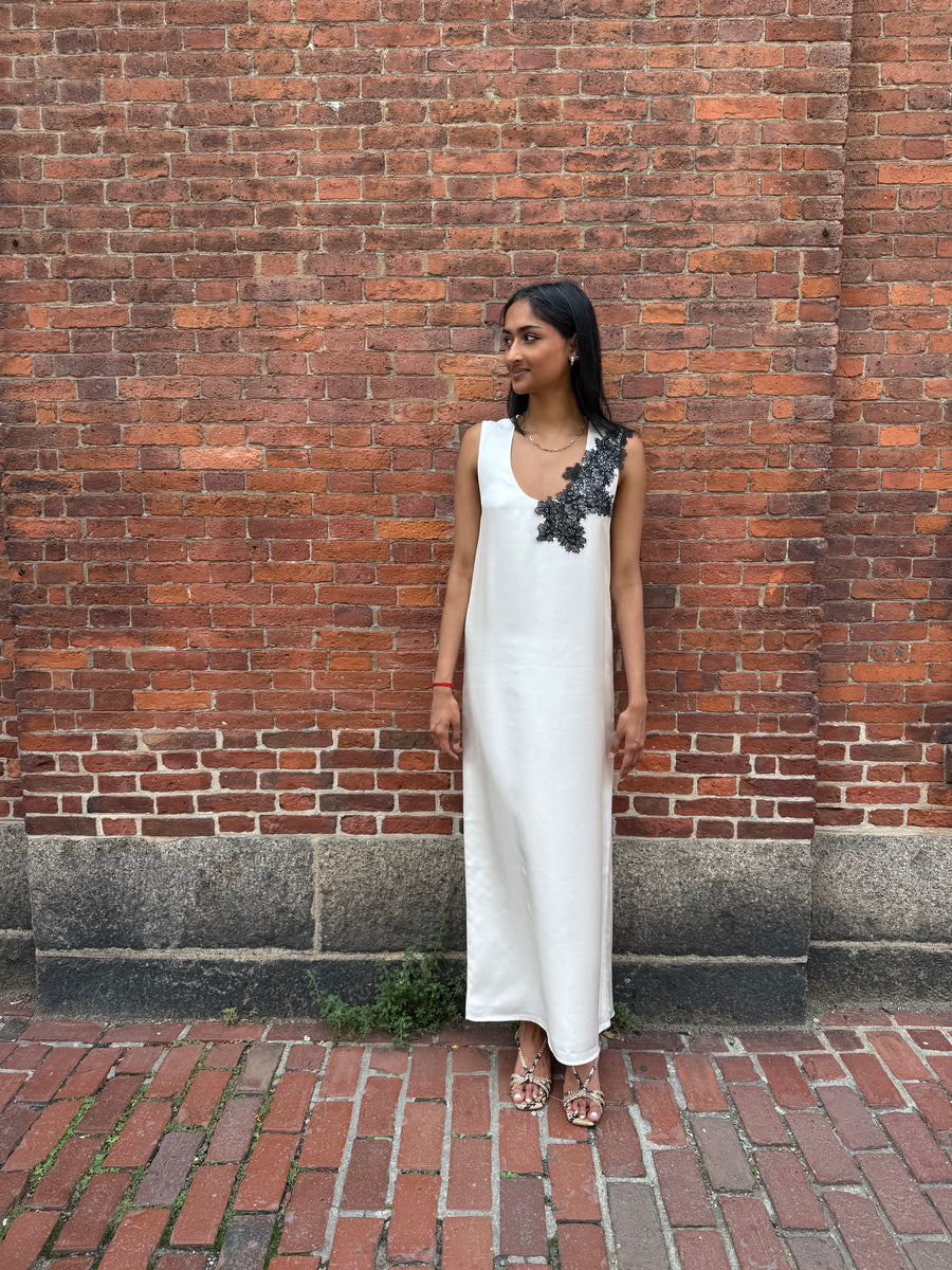 Scoop-Neck Silk Lace Dress - Cream
