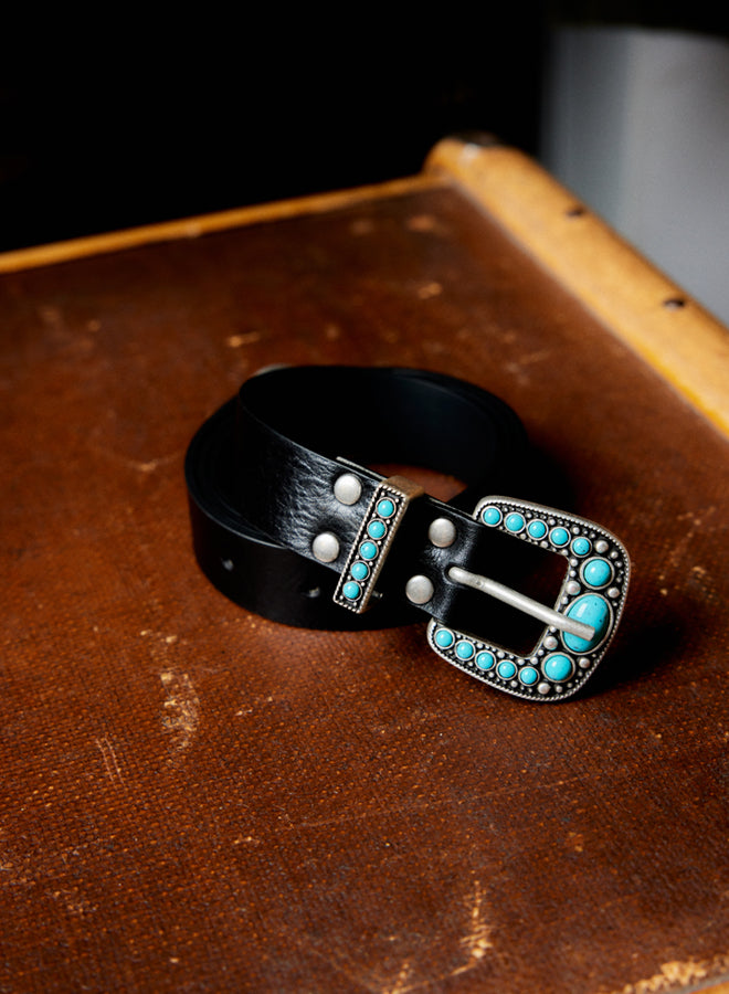 Thelma Calf Leather Turquoise Belt - Black