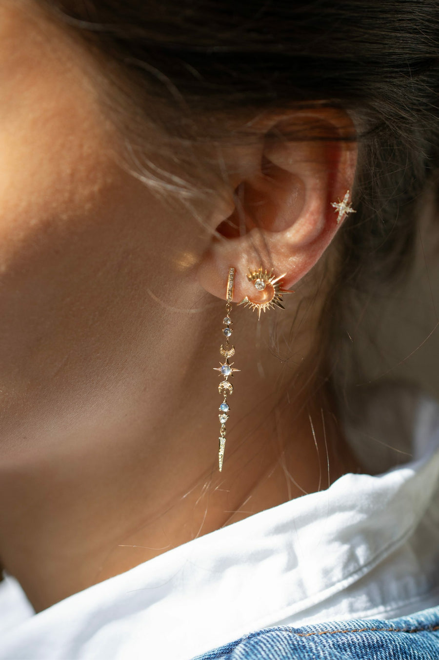 Moonstones & Diamonds Long Stellar Earrings (Pair)