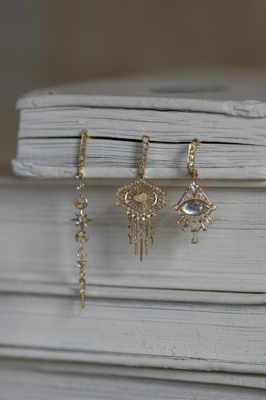 Moonstones & Diamonds Long Stellar Earrings (Pair)