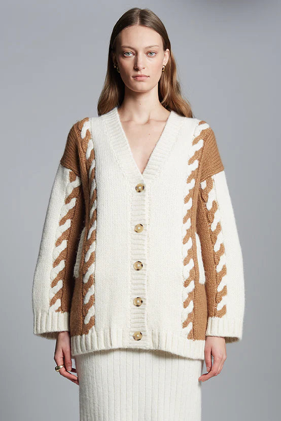 Zoe Cardigan - Ivory/Camel Combo