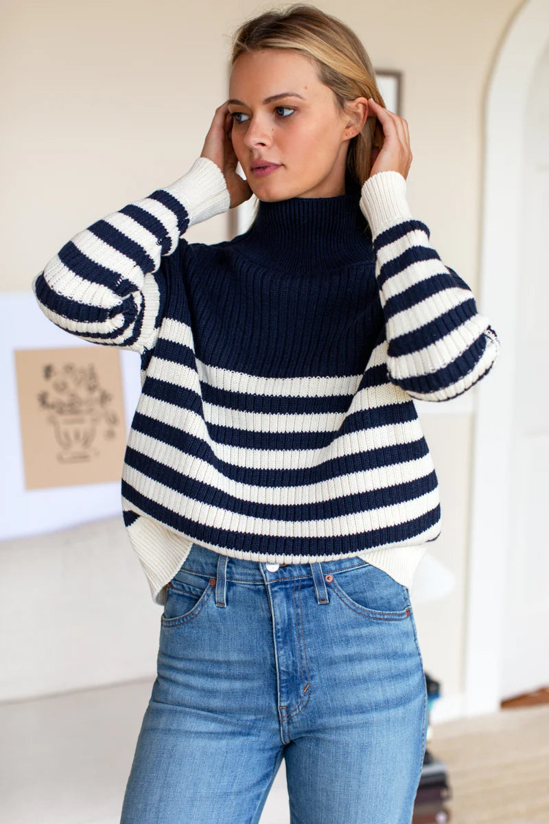 Carolyn Funnel Neck Sweater - Navy Stripe Organic