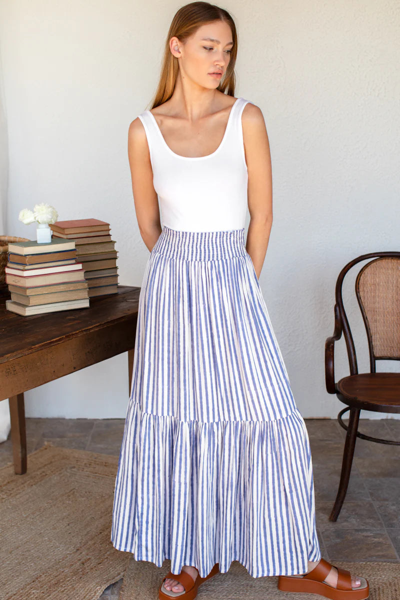 Shirred Skirt - Ocean Stripe