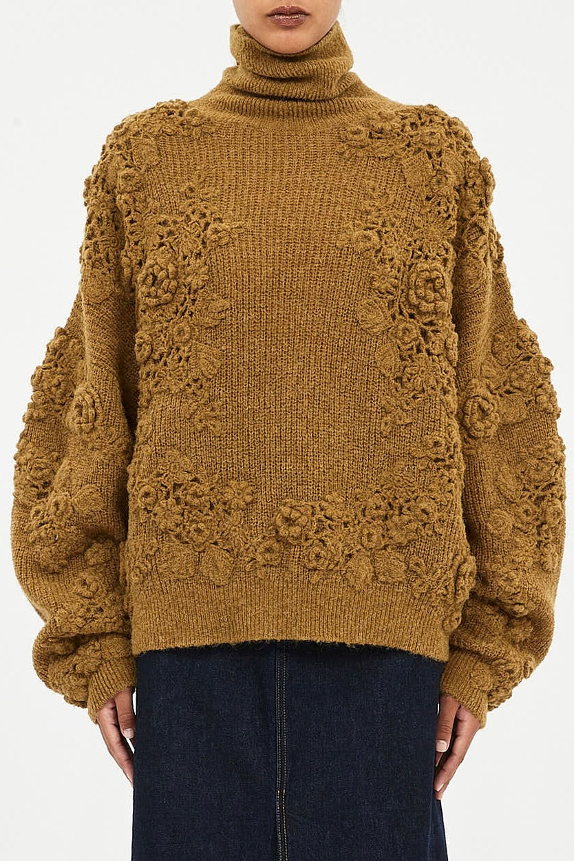 Lelou Crochet Knit Turtleneck - Pine