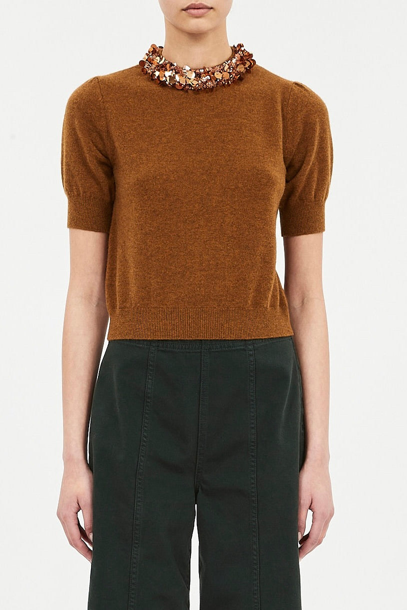 Liv Embroidered Cashmere Short Sleeve Knit - Umber