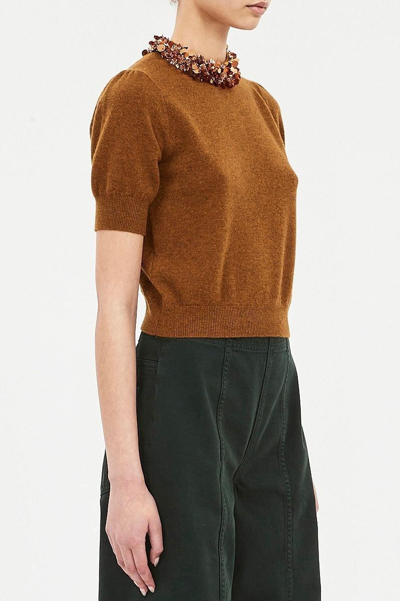 Liv Embroidered Cashmere Short Sleeve Knit - Umber