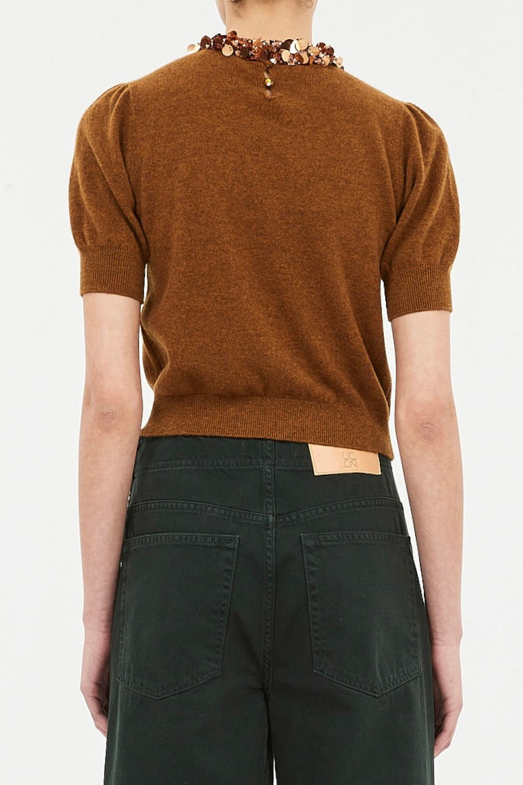Liv Embroidered Cashmere Short Sleeve Knit - Umber
