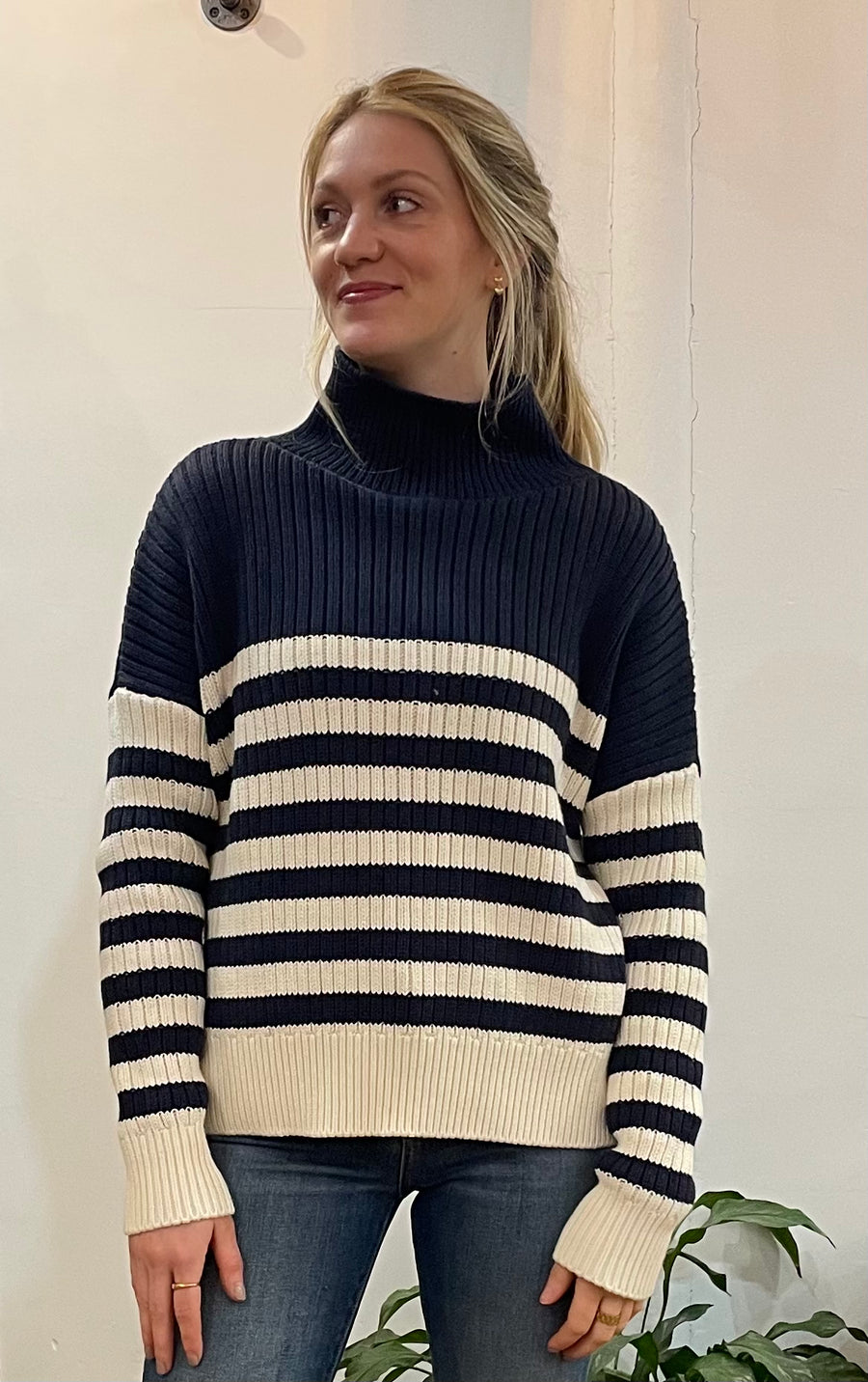 Carolyn Funnel Neck Sweater - Navy Stripe Organic