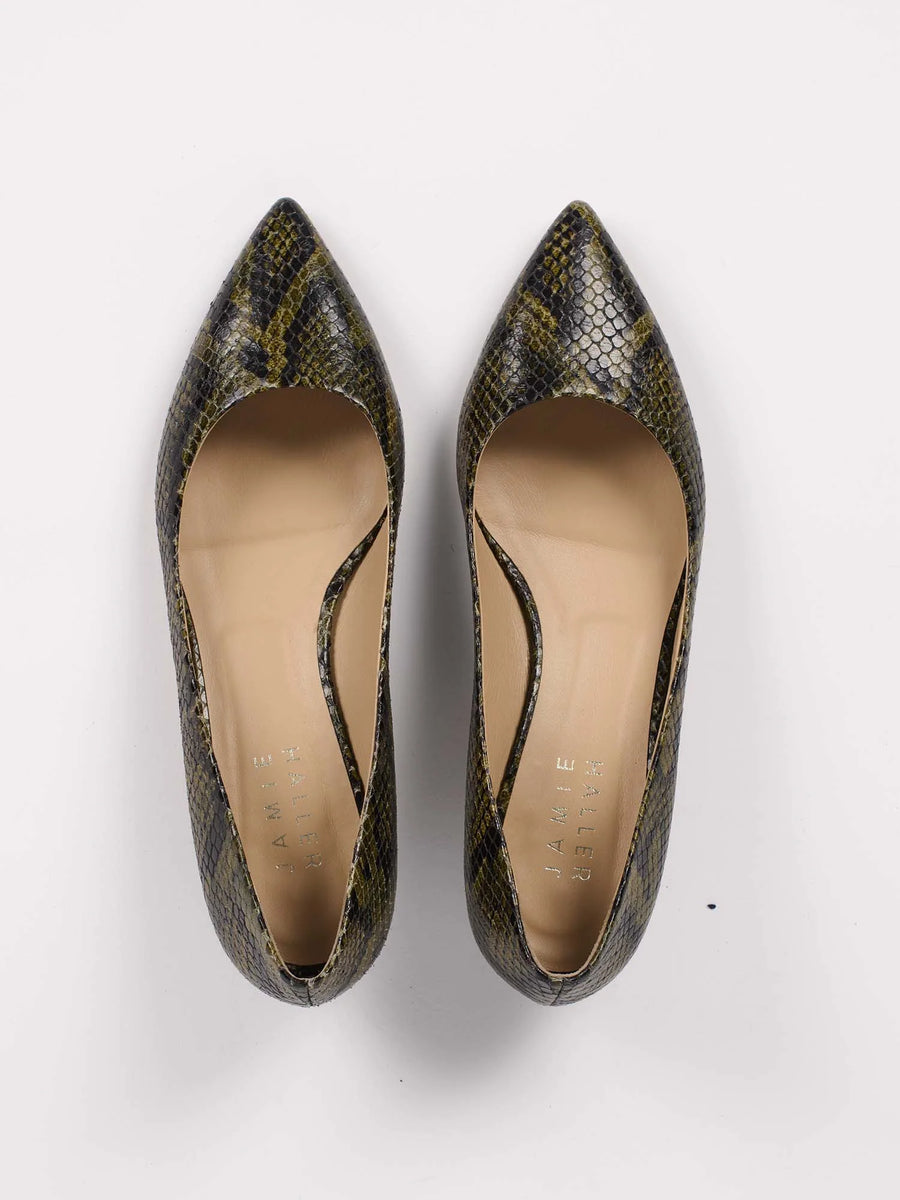 The Kitty Heel - Olive Snake Embossed