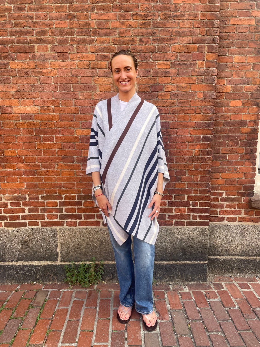 Striped Wrap Poncho - Grey / Navy Multi