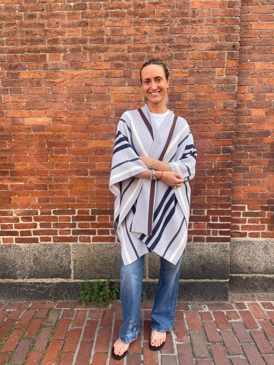 Striped Wrap Poncho - Grey / Navy Multi