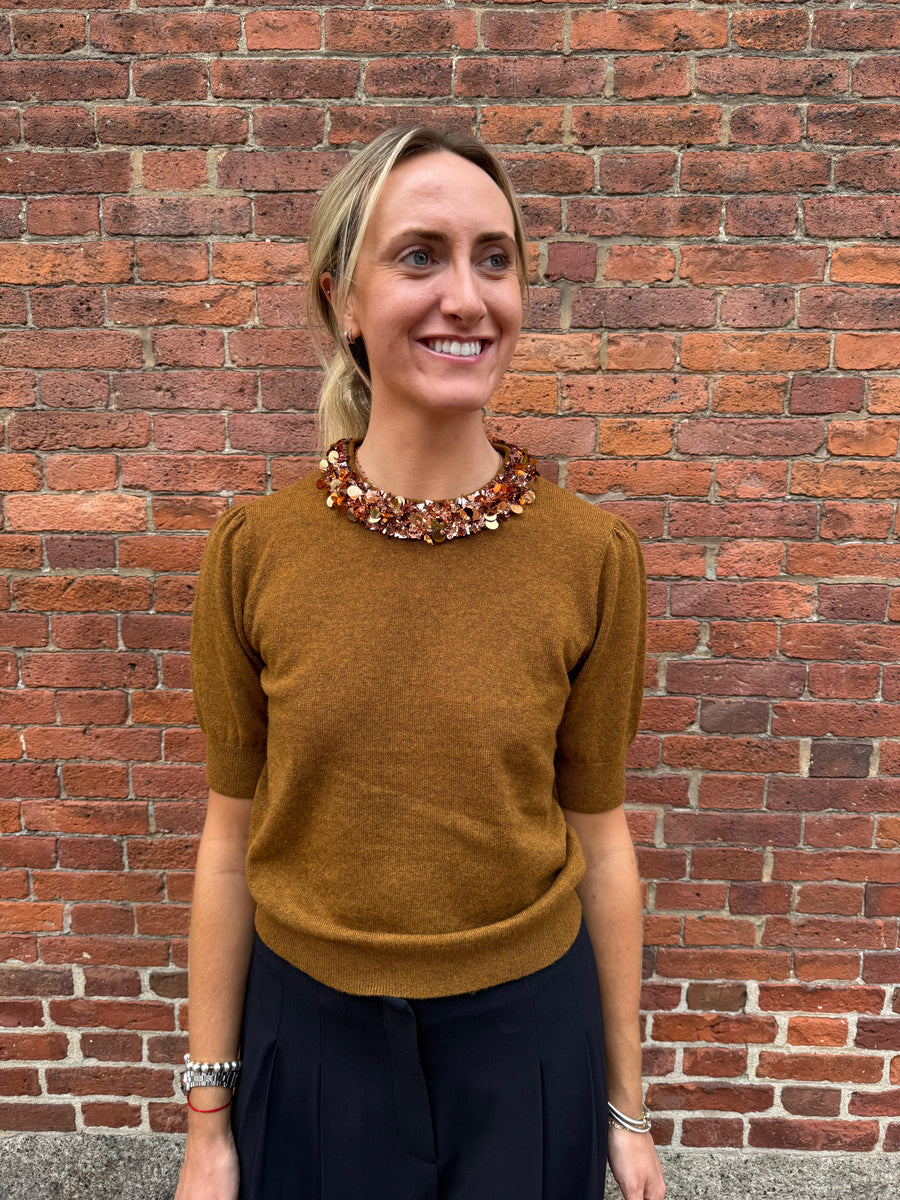 Liv Embroidered Cashmere Short Sleeve Knit - Umber