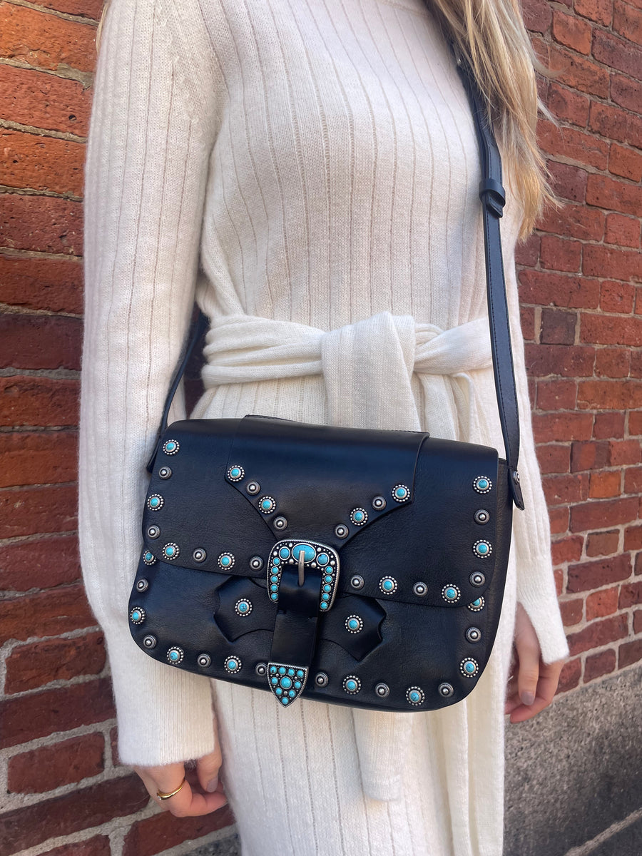 Kaya Calf Leather Turquoises Bag - Black