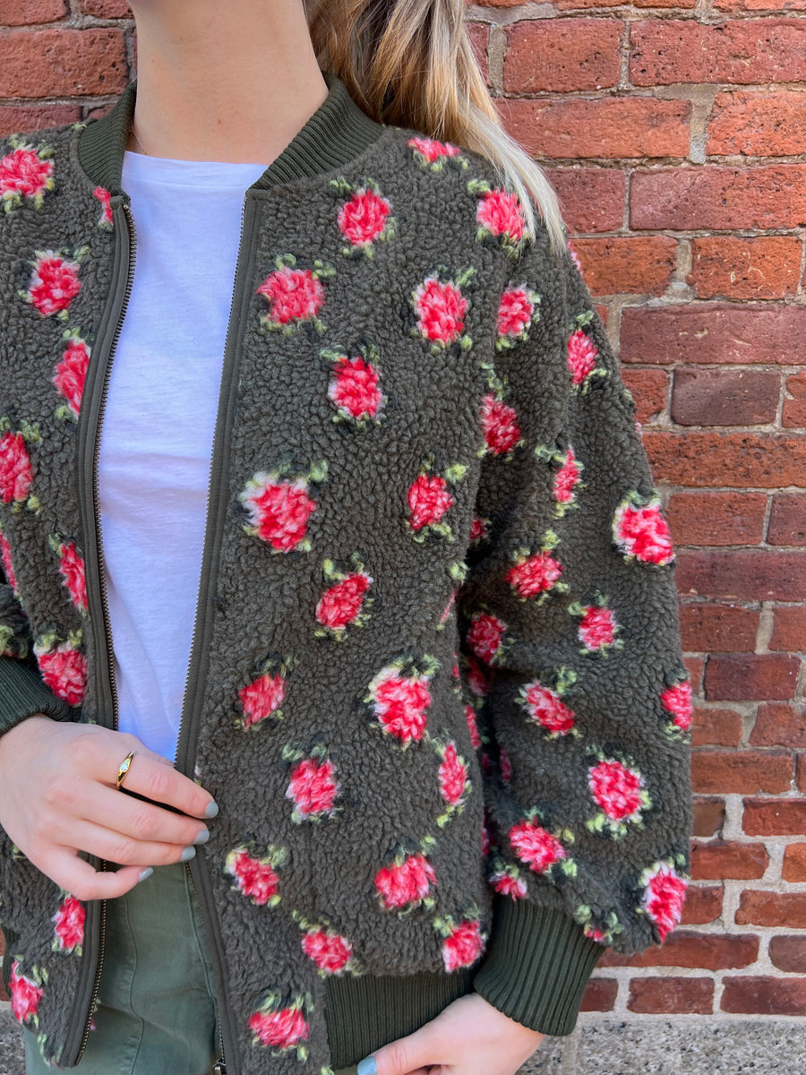 The Zip Front Plush Bomber - Woodland Green