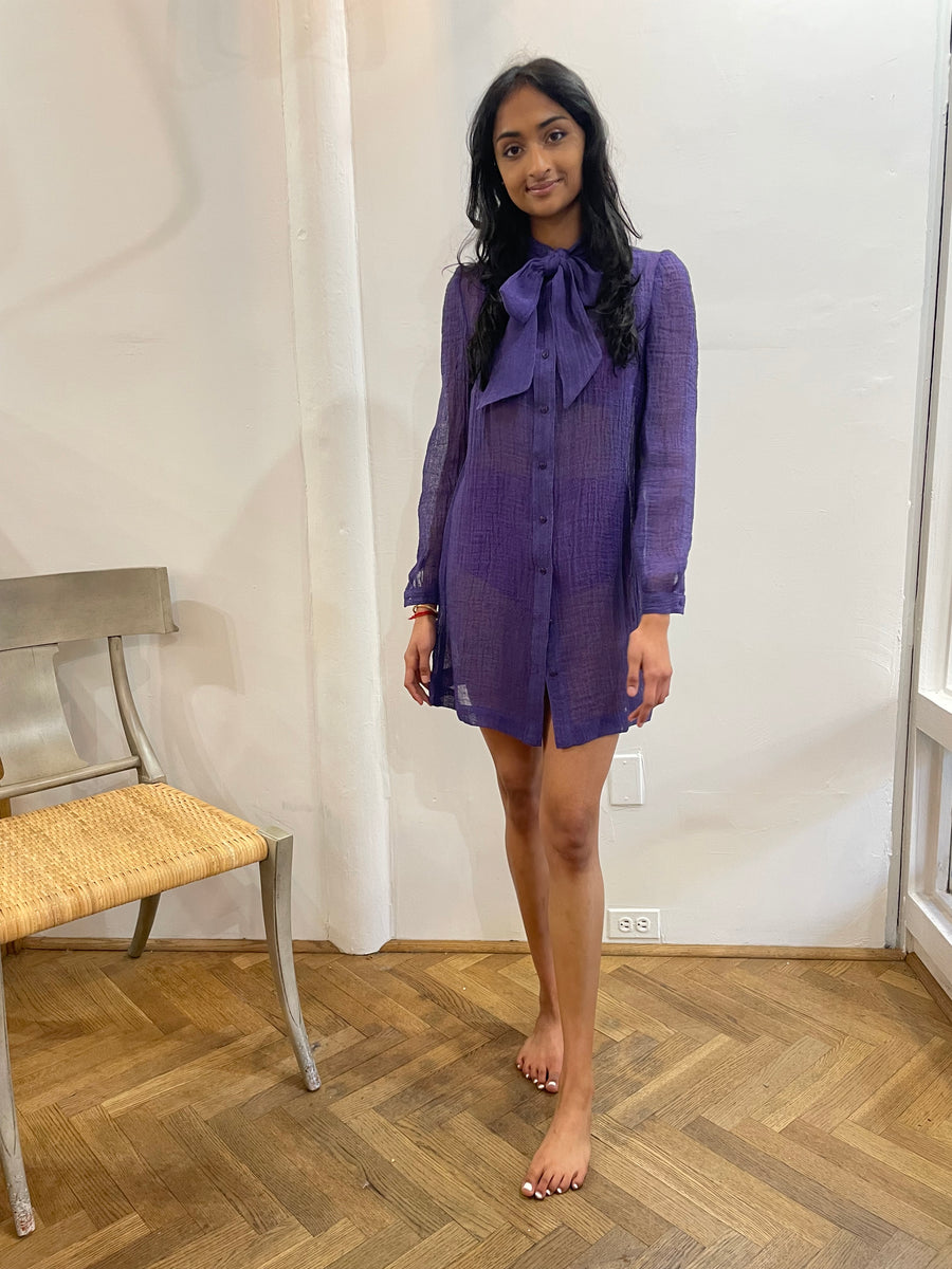 bd company model pussy Pussy Bow Shirt Dress Short - Blueberry Sorrento Gauze – Dress Boston