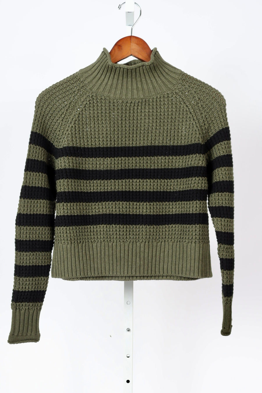 Boxy Funnel Neck Sweater - Army + Black Stripe