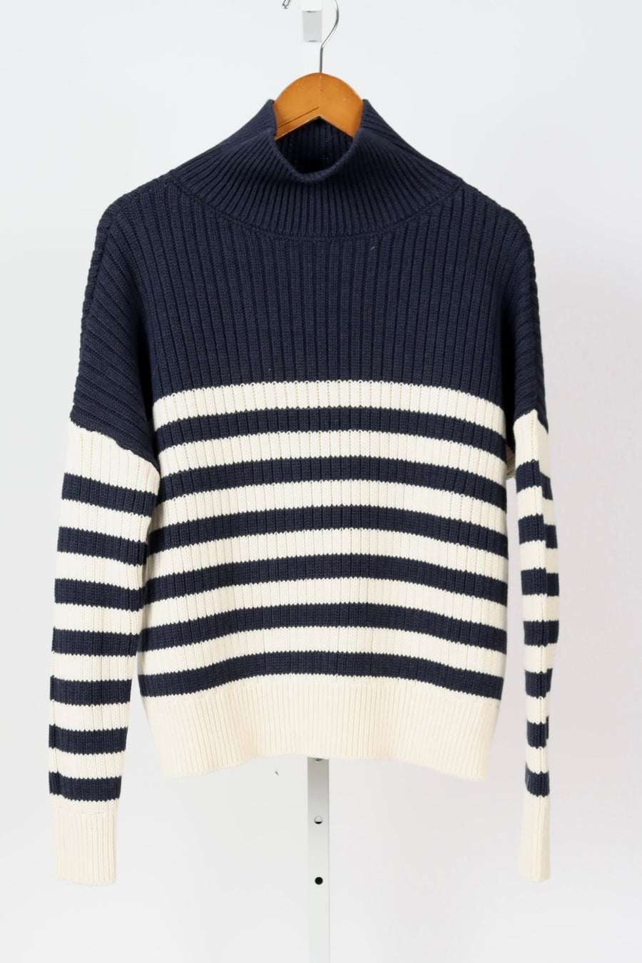 Carolyn Funnel Neck Sweater - Navy Stripe Organic