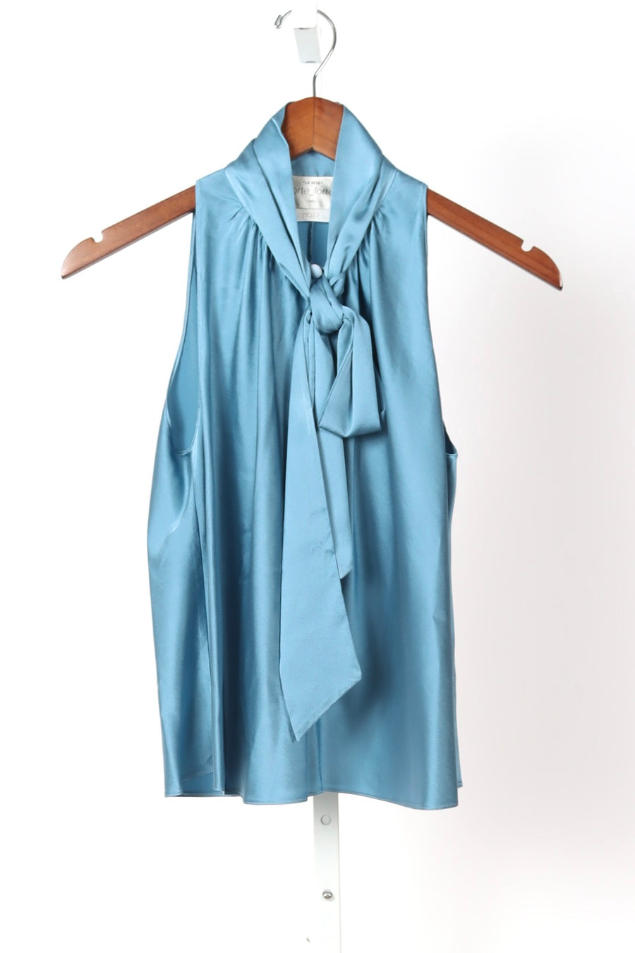 14078_My Top - Heavy Stretch Silk Satin Bow-Tie Top - Ceruleo