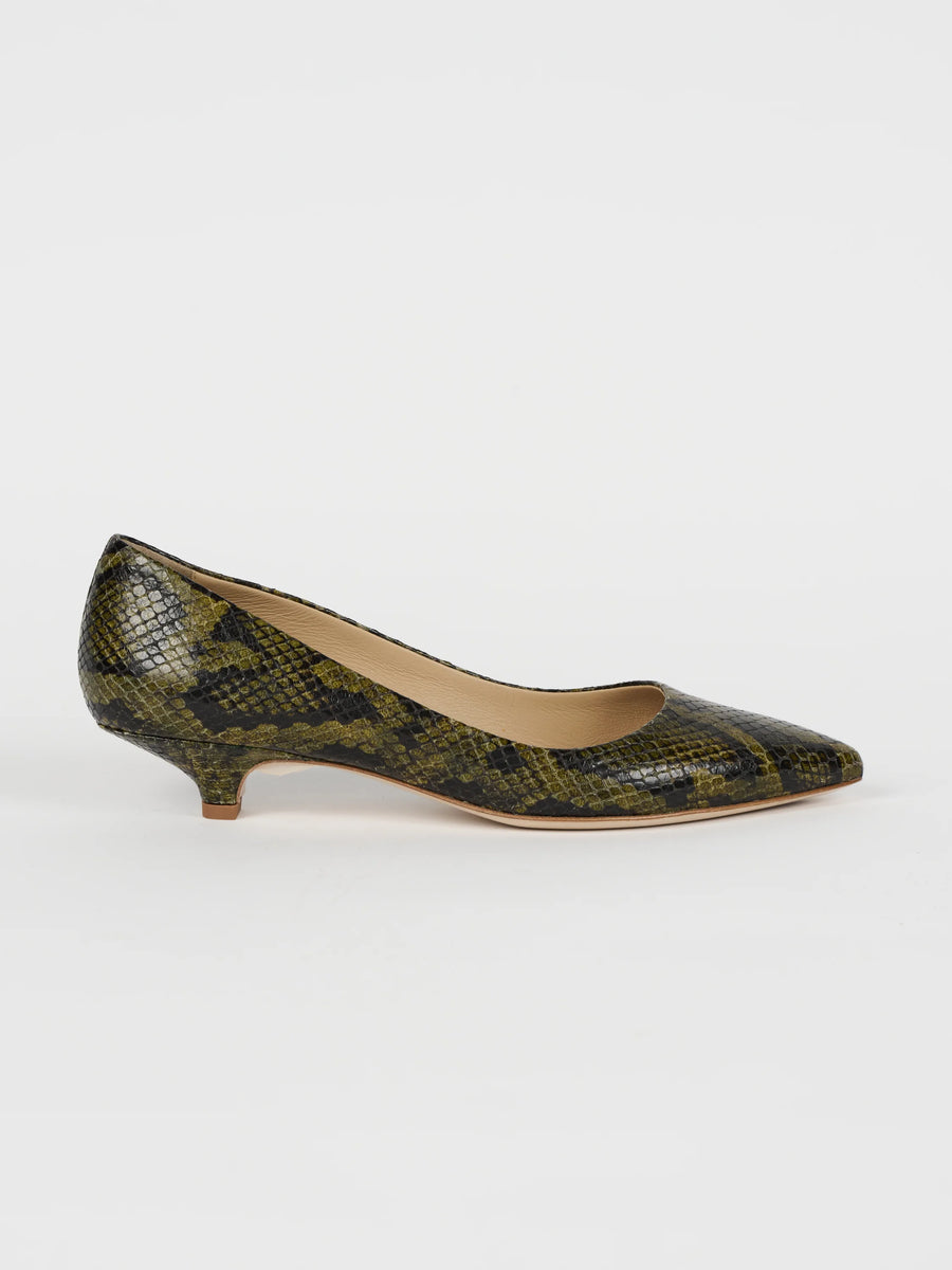 The Kitty Heel - Olive Snake Embossed