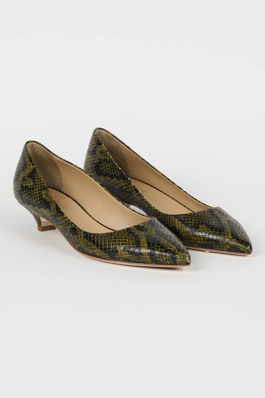 The Kitty Heel - Olive Snake Embossed