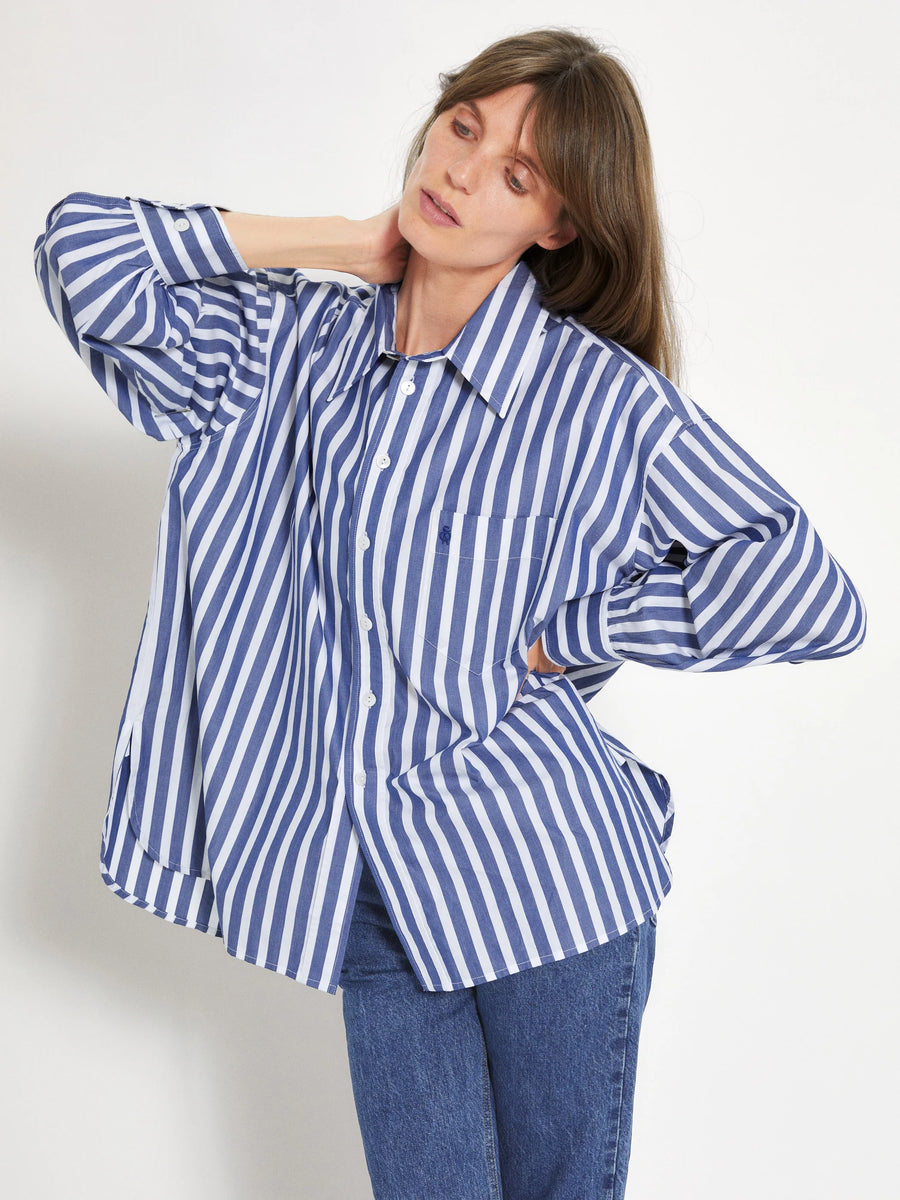 The Kappa Button-Up Shirt - Wide Navy Stripe