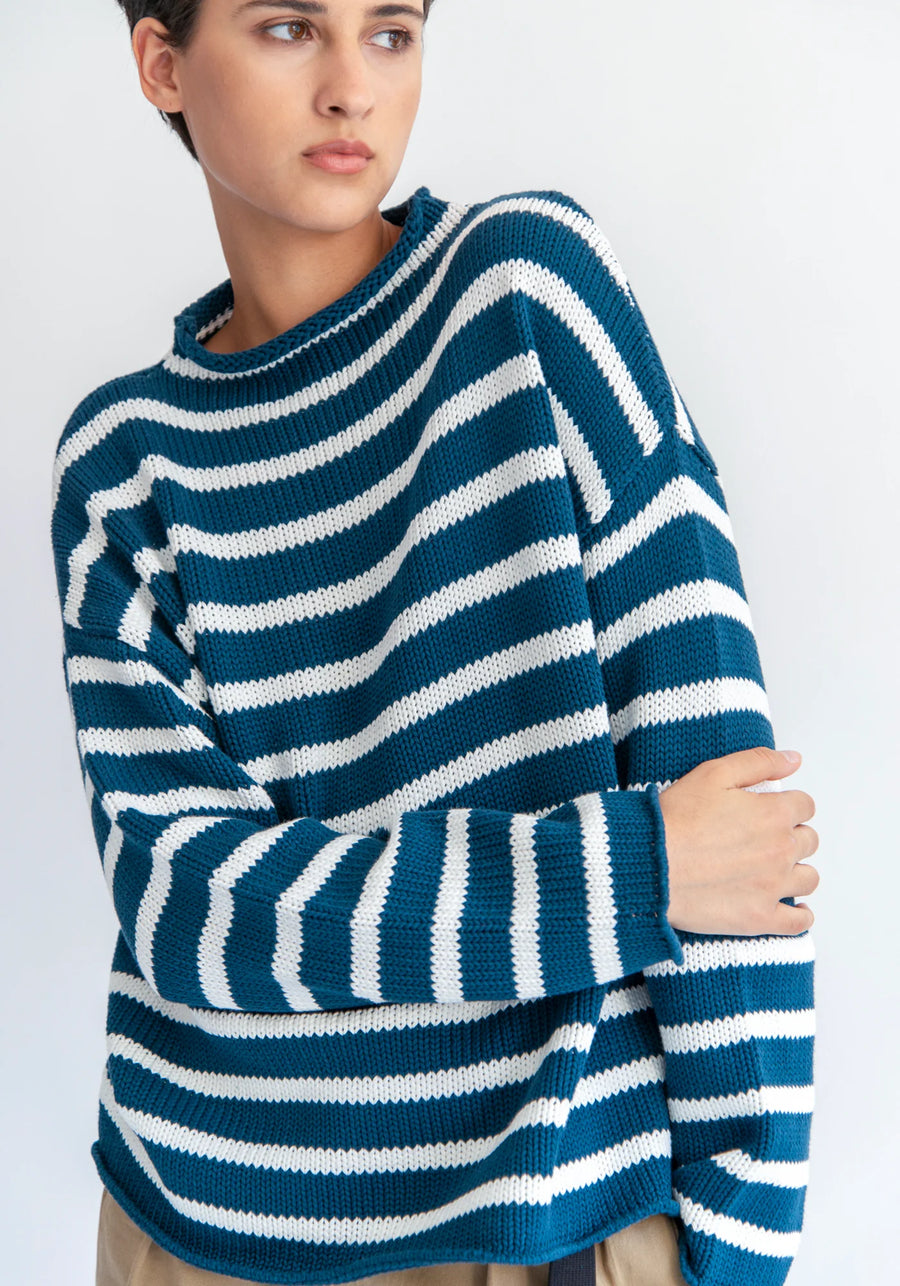 Lamis Stripe Cotton Sweater - Ocean Blue/White