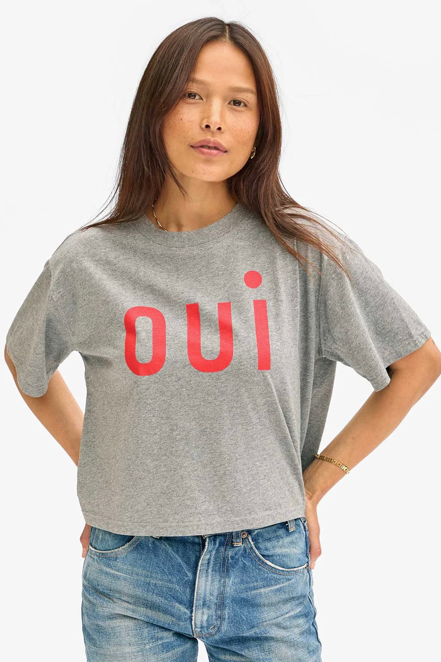 La Carré Tee - Oui - Grey Melange w/ Bright Poppy