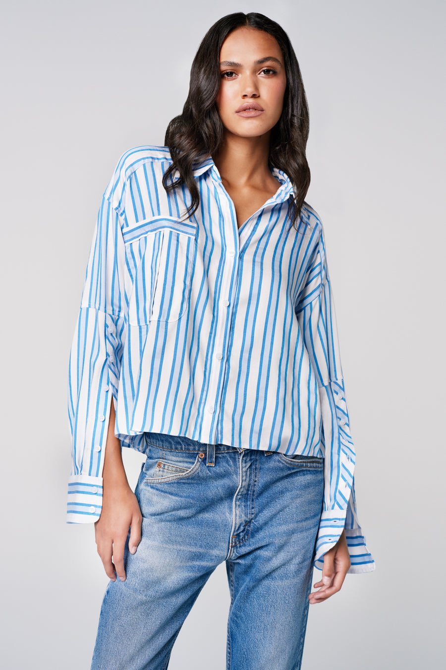 Button Sleeve Shirt - Blue Stripe