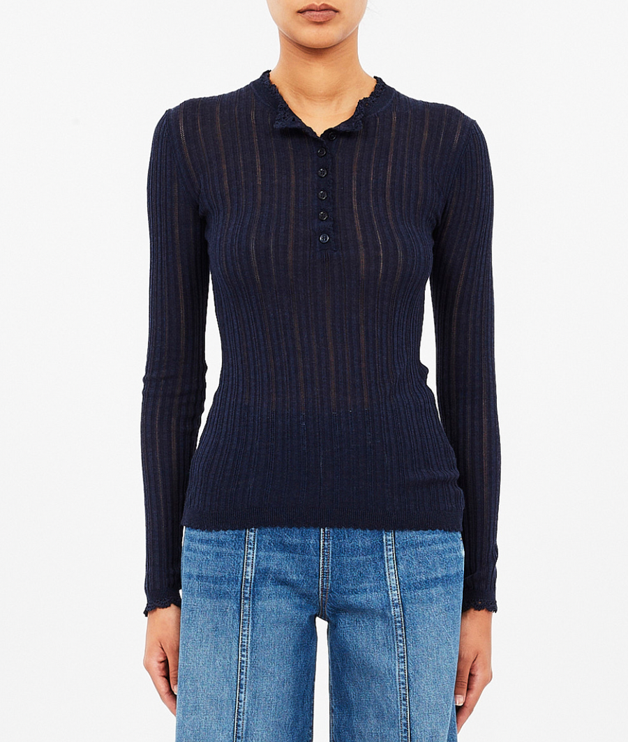 Delia Long Sleeve Henley Knit Top - Midnight
