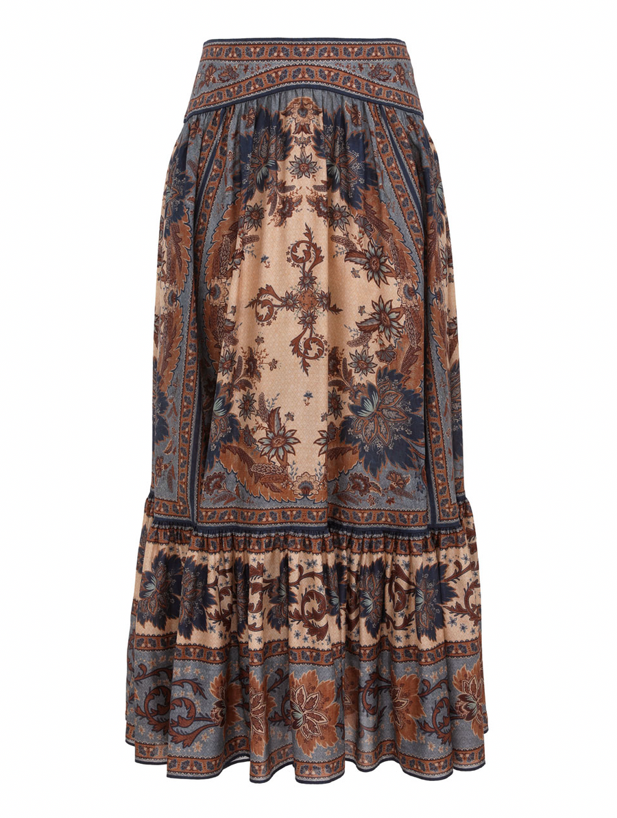Ascension Tiered Midi Skirt - Blue/Cream Indienne Floral