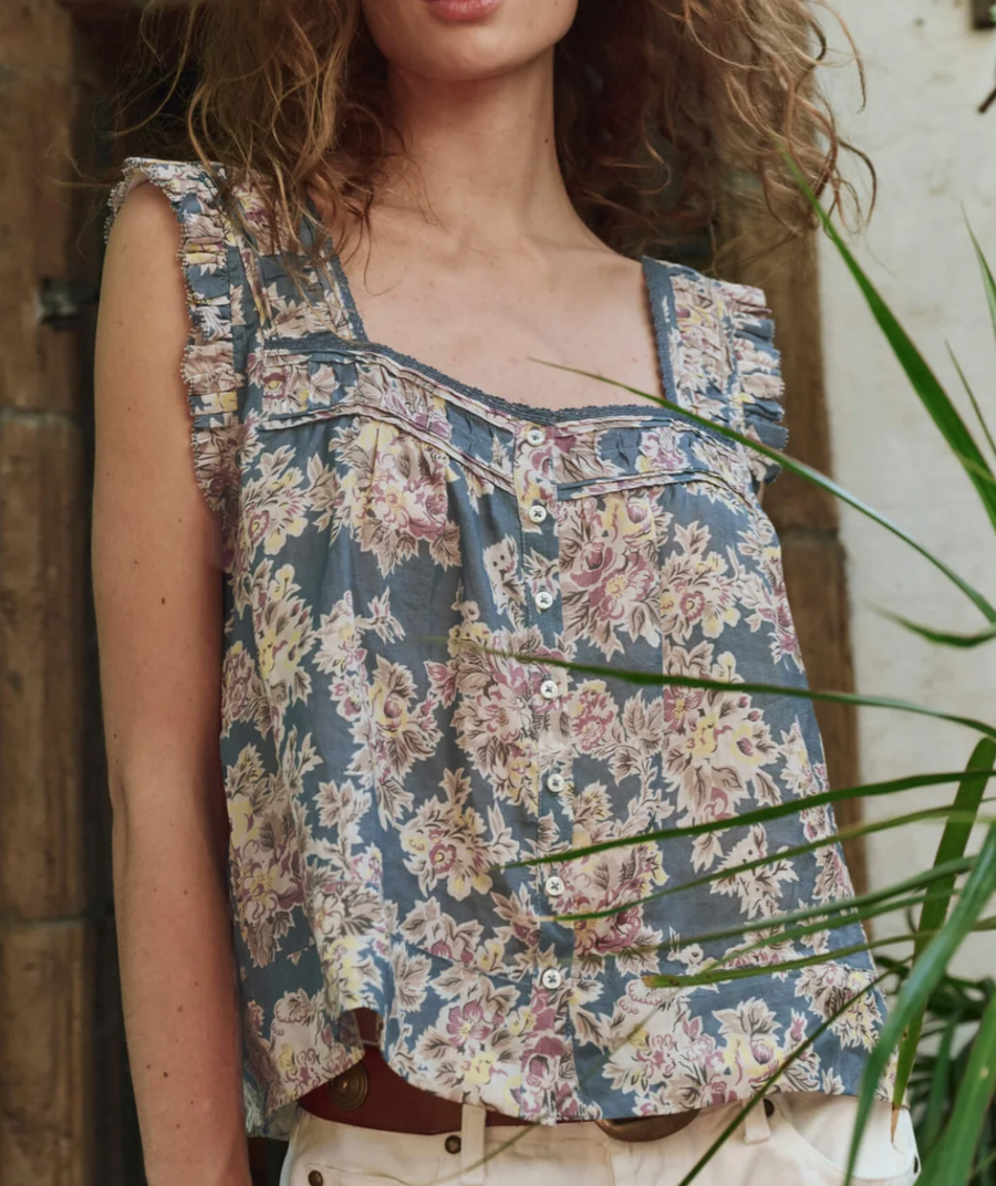 The Victorian Pleat Tank - Indigo Floral
