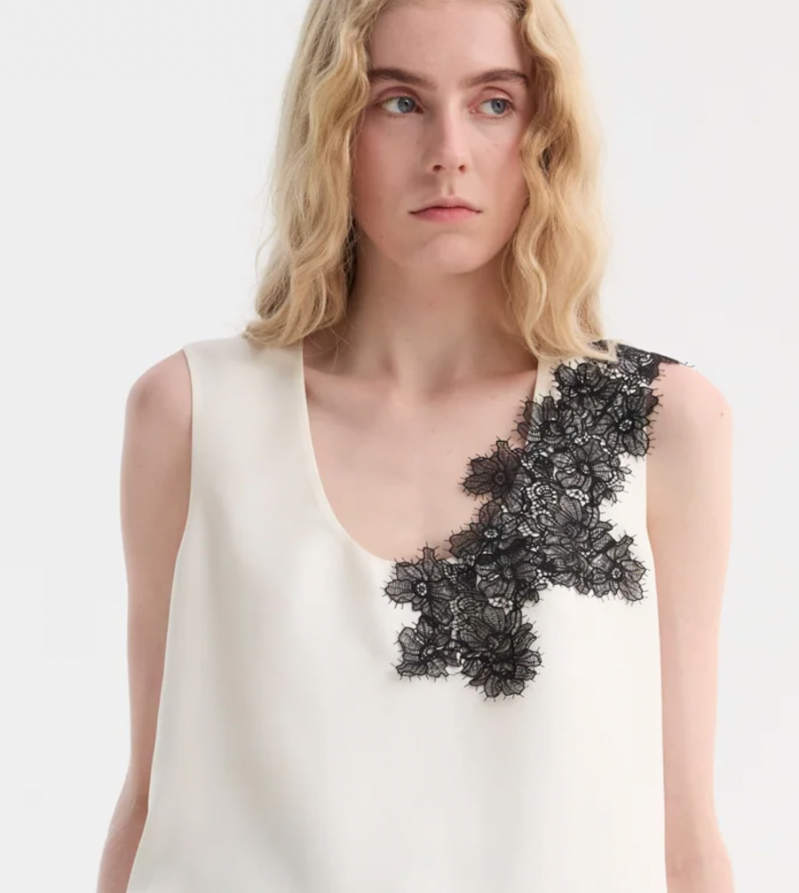 Scoop-Neck Silk Lace Dress - Cream