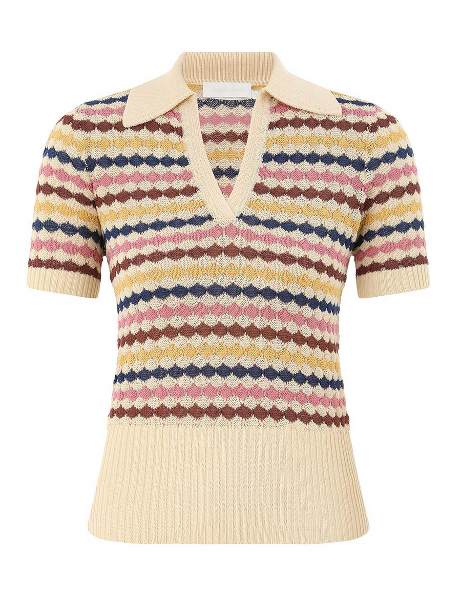 Awaken Scallop Knit Polo - Multi Stripe