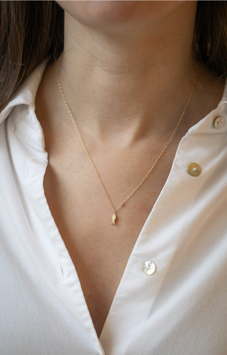 Fish and Diamond Charm Chain Necklace