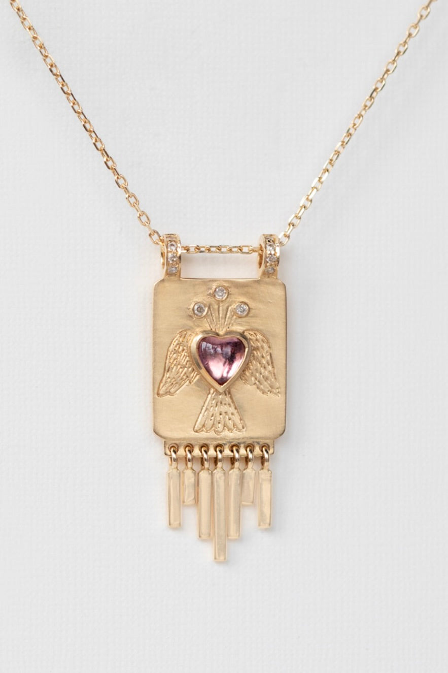 Angel Plate Tourmaline Heart with Dangling Details and Diamonds Chain Necklace
