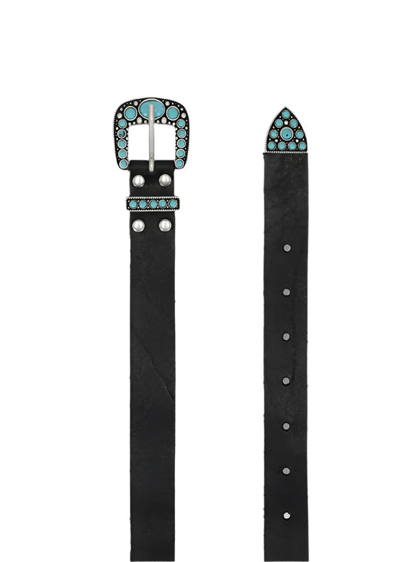 Thelma Calf Leather Turquoise Belt - Black
