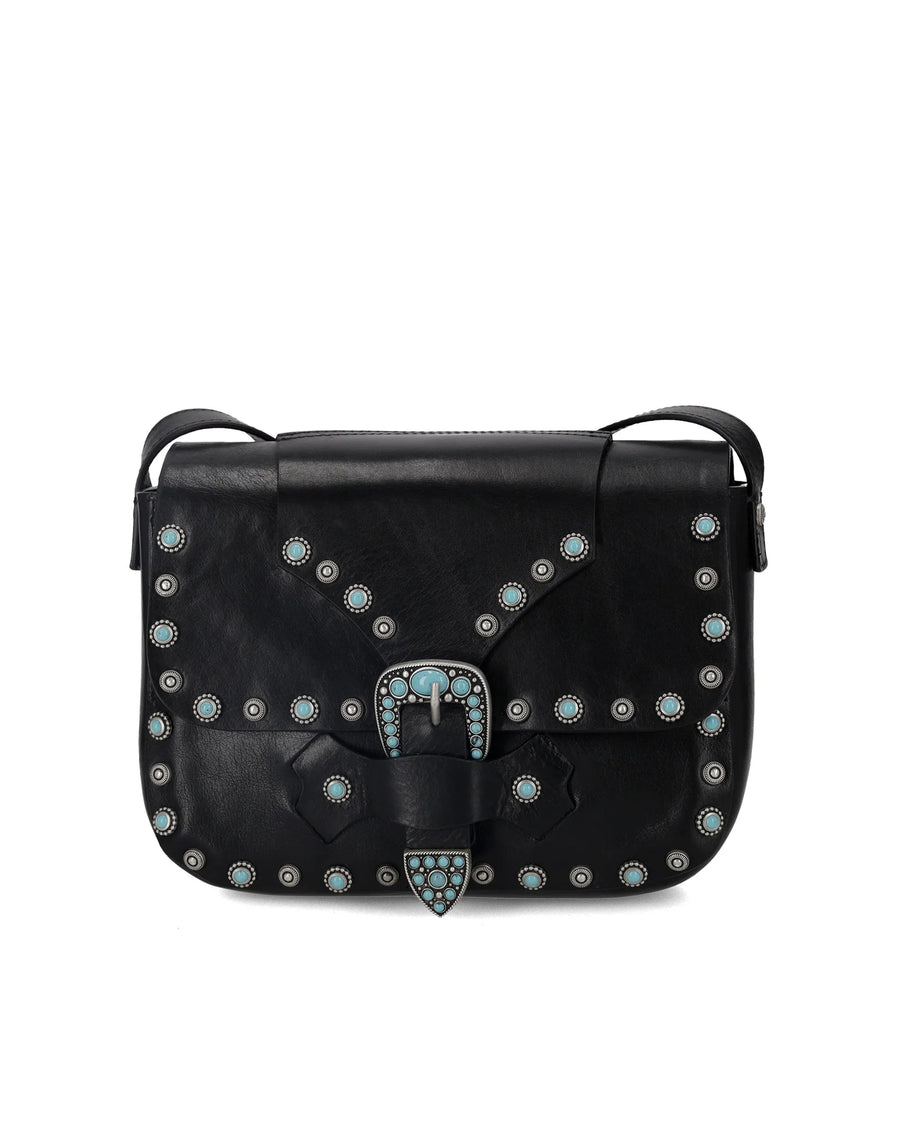 Kaya Calf Leather Turquoises Bag - Black